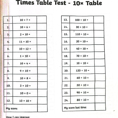 10 x tTimetable worksheet