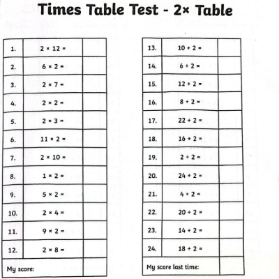 2 x timetable worksheet